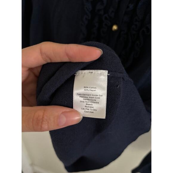 Talbots Sweater Women's Medium Navy Cardigan Button Ruffle Knit - Picture 6 of 7